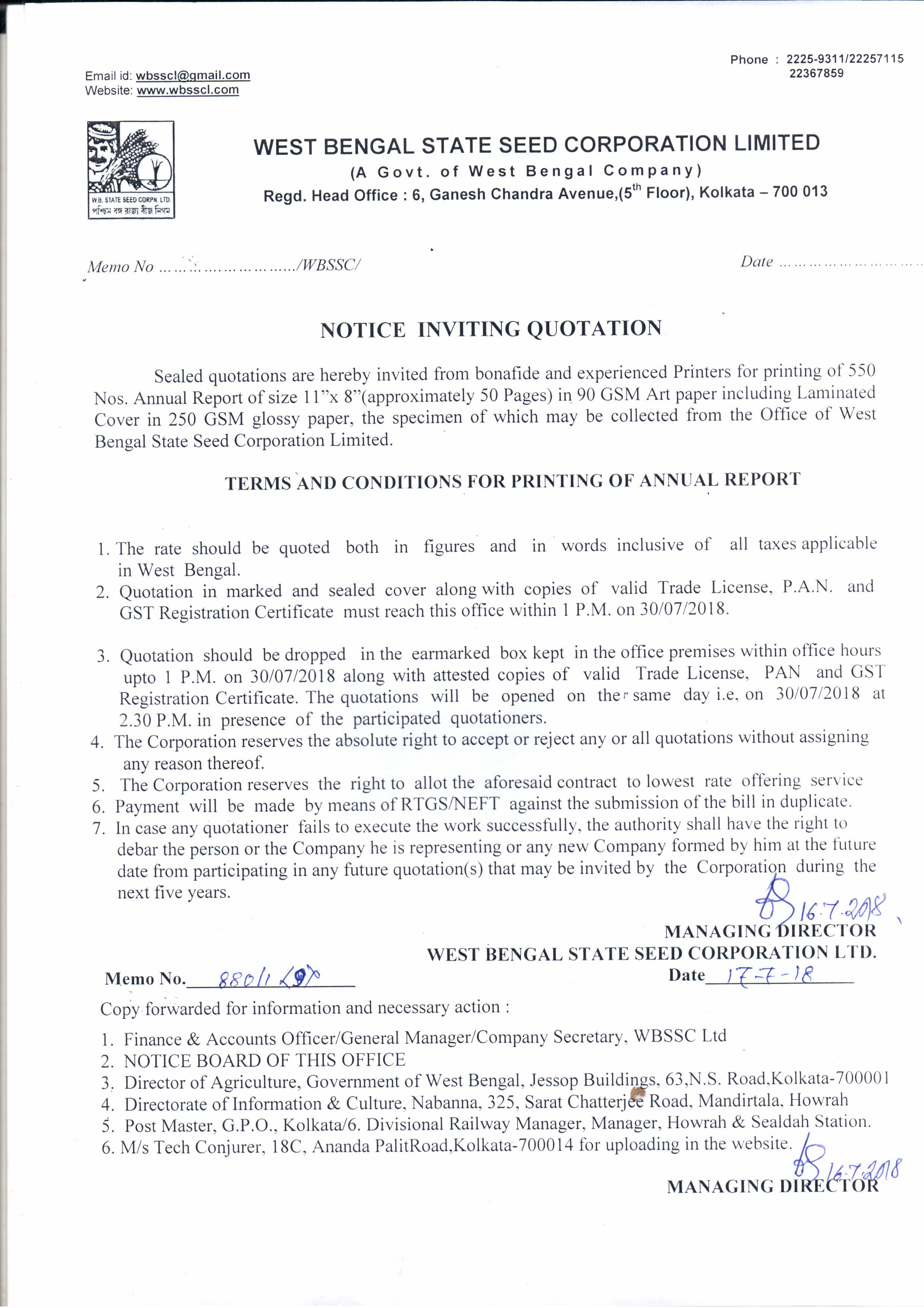 Tender West Bengal State Seed Corporation Limited